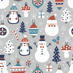 Seamless vector pattern with vintage Christmas ornaments, penguins, Santa Claus, snowflakes and snowy pine trees. Hand drawn  Christmas wallpaper design. Perfect for textile, wallpaper or nursery prin