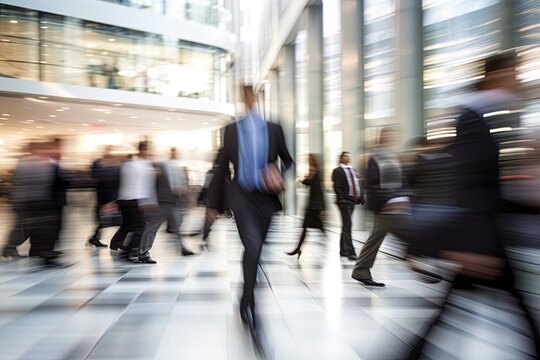 Business people walking in a modern corporate building. Motion blur effect. Ai Generative
