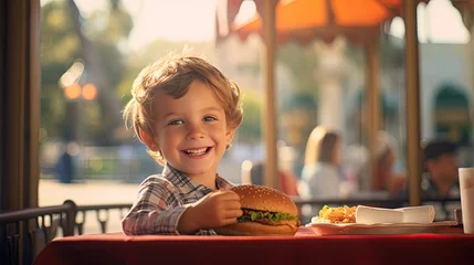 Fotobehang A happy boy eating a burger in an outdoor restaurant as a Breakfast meal craving deal. Generative Ai © tong2530