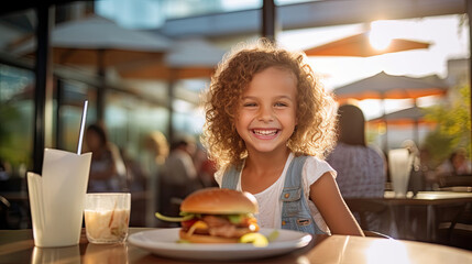 A happy girl eating a burger in an outdoor restaurant as a Breakfast meal craving deal. Generative Ai