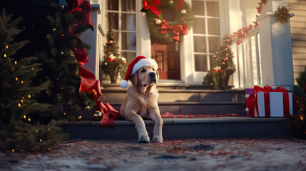 Labrador retriever dog in santa hat sitting on porch of Christmas house. 