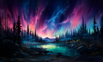 Aurora boreal - Paisaje bosque de noche con cielo estrellado - Azul, morado, rosa - obrazy, fototapety, plakaty