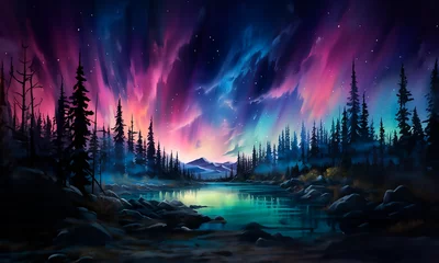 Foto op Canvas Aurora boreal - Paisaje bosque de noche con cielo estrellado - Azul, morado, rosa © Carmen