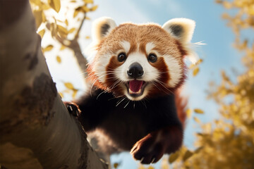 a red panda jumping in autumn