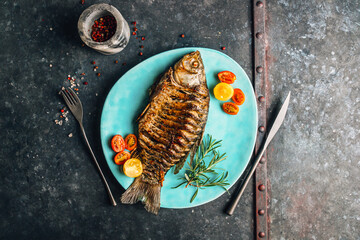 Fried Carp on Blue Plate