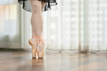 Legs of female ballet dancer in pointes on wooden floor. People, dance art, education and...