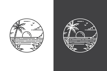 line art tropical island beach ocean sea for tourism logo design symbol - obrazy, fototapety, plakaty