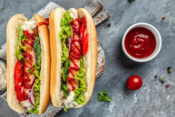 Hot dog with tomato, lettuce, sausage in a bun with sauces. banner, menu, recipe place for text, top view