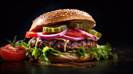 Beef burger with tomatoes, red onions, cucumber and lettuce on black slate over dark background. Generative Ai
