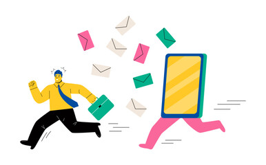 Business man running away from giant smartphone, concept of person obsessed by internet notifications. Flat vector illustration isolated on white background