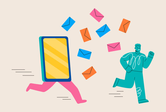 Man running away from giant smartphone, concept of person obsessed by internet notifications. Colorful vector illustration