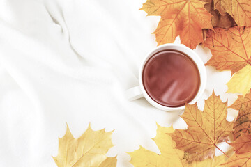white cup of coffee or tea with golden autumn leaves on a knitted white plaid background .top view.