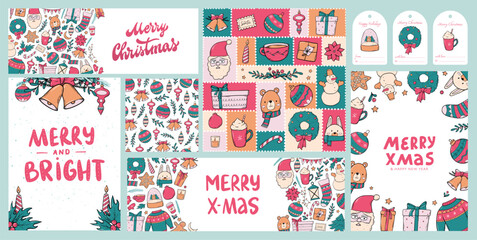 Fototapeta na wymiar Christmas collection of cards, banners, patterns and labels deocrated iwth lettering quotes and doodles. Packaging, wallpaper, wrapping paper, holiday decor. EPS 10