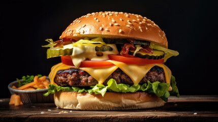 Burger or hamburger with grilled beef, cheese and well decorative with fresh ingredients in restaurant. Generative Ai