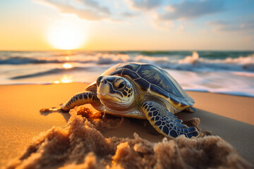 turtles on the beach at sunset