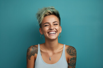 woman in white tank top with blue background portrait, in the style of tattoo