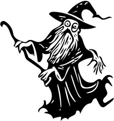 Halloween old wizard holding a magical stick  vector illustration in black 
