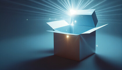 Open gift box with ray of light effect on blue background. 3d rendering. Generative Ai.