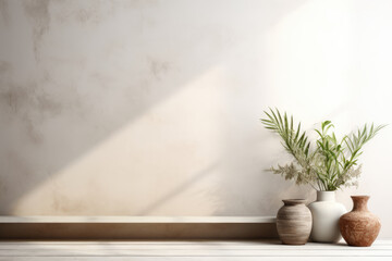 Abstract background from a light wall with shadows and a palm tree