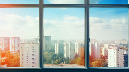 view of the city with apartment buildings from an apartment with plastic windows, panoramic view from the window