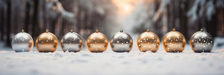 Row of shiny christmas balls on the snow