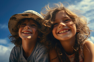 Fototapeta premium Cheerful smiling children taking selfie on the street against blue sky