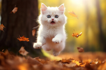 Naklejka na ściany i meble white cat jumping on autumn background