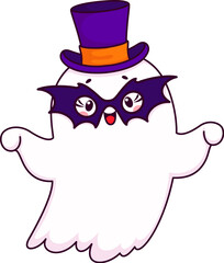 Cartoon Halloween kawaii cute ghost in mask character. Halloween funny monster personage, cheerful ghost in top hat and bat mask vector character, autumn holiday cheerful spirit