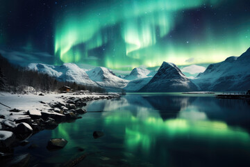Naklejka premium Colored northern lights in the sky over the snowy mountains