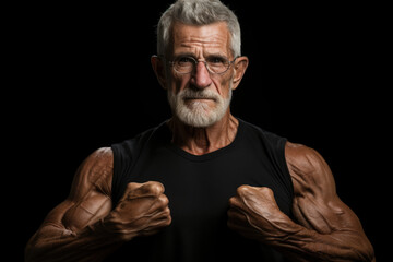 Fototapeta premium happy strong old grandfather show biceps on a dark background
