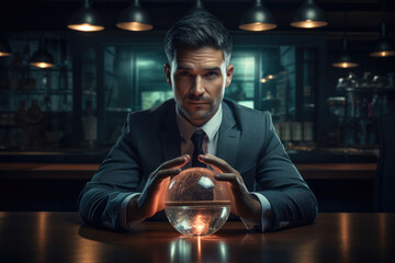 Businessman predicting fortune with crystal ball in office, startup concept, investment - obrazy, fototapety, plakaty