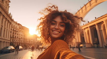 Happy tourist young woman taking selfie in front of Rome, Italy landmark. Travel and holidays concept. Generative Ai - obrazy, fototapety, plakaty