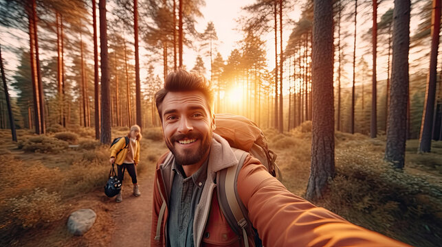 Happy traveler man with backpack taking selfie picture in the forest. Travel blogger or Freelance, Life style and technology concept. Generative Ai