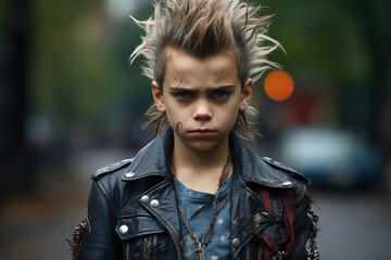 little boy wearing rock music clothes leather jacket and stylish hairstyle