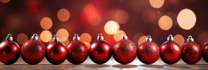 row of red shiny Christmas balls against a background of gentle bokeh