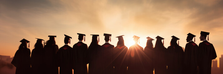 Silhouette of a group of the university graduates masters at sunset - obrazy, fototapety, plakaty