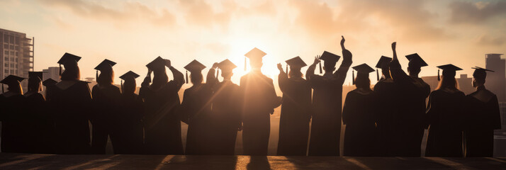 Silhouettes of Masters graduates in ceremonial robes at sunset - Powered by Adobe