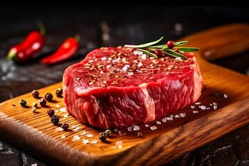 fresh raw beef steak on wooden plate on rustic background