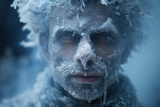 frozen face of a man covered with frost and icicles