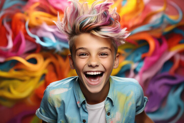 Young cheerful boy with bright dyed hair - obrazy, fototapety, plakaty