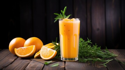 Fresh orange juice with ice and rosemary on a wooden background.