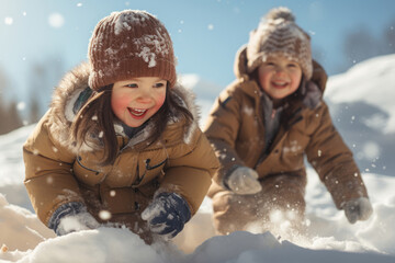 children playing in the snow on a sunny winter day