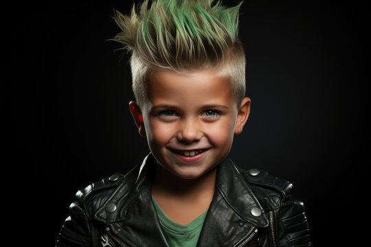 little boy with a green mohawk in a leather jacket, the concept of heavy music, playing the guitar