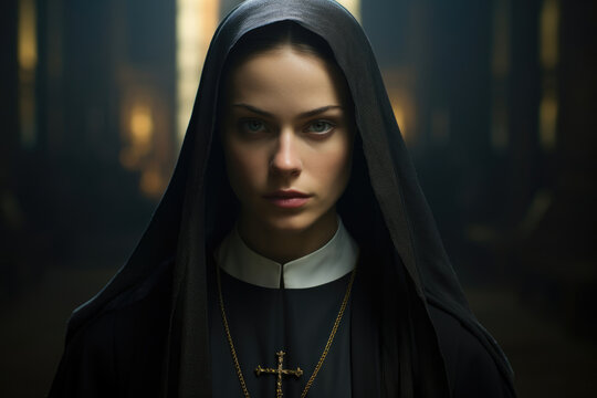 Young nun with Christian cross in a temple or monastery