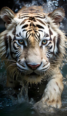 Close up detail portrait of white tiger in the water