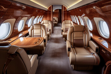 Interior of luxurious private jet with leather seats. Transportation concept for airplanes and movement.