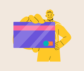 Man hold plastic credit or debit card. Colorful vector illustration