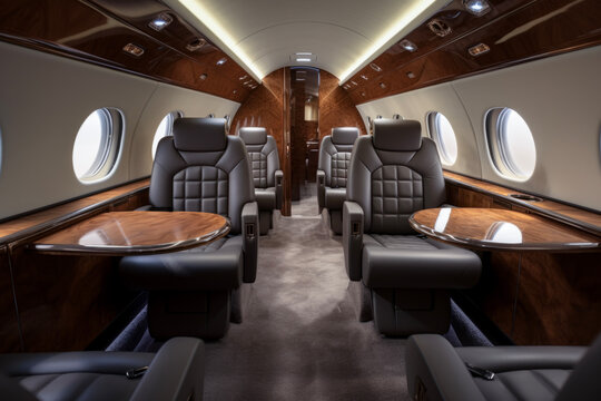 Interior of luxurious private jet with leather seats. Transportation concept for airplanes and movement.