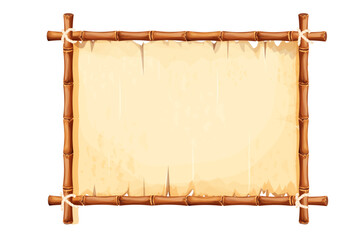 Bamboo frame with old parchment paper decorated with rope in cartoon style isolated on white background. Game ui board, sign - obrazy, fototapety, plakaty