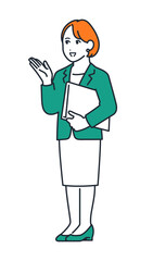 ファイルを持って提案をするスーツを着た若い女性のシンプルなベクターイラスト素材
